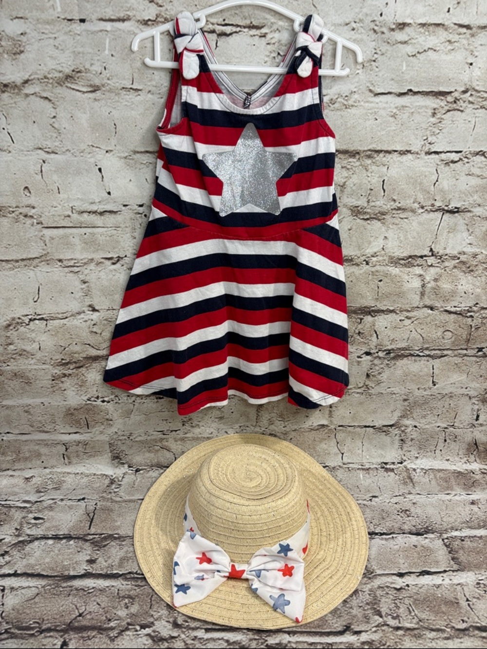 The Children's Place Red White Navy Striped Dress with Straw Hat